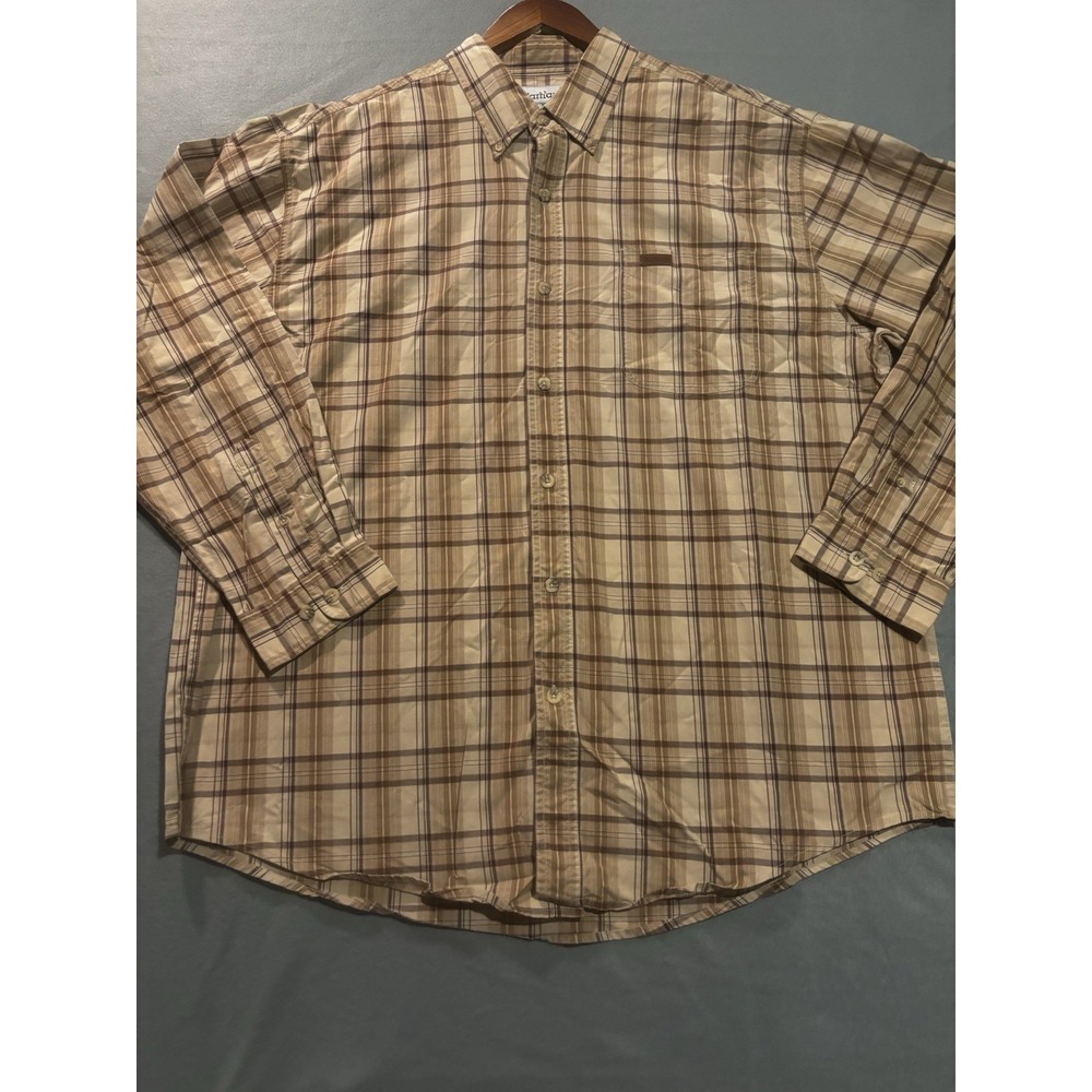 Carhartt Shirt Mens XL Long Sleeve Shirt Brown Plaid Button Down Workwear Polo